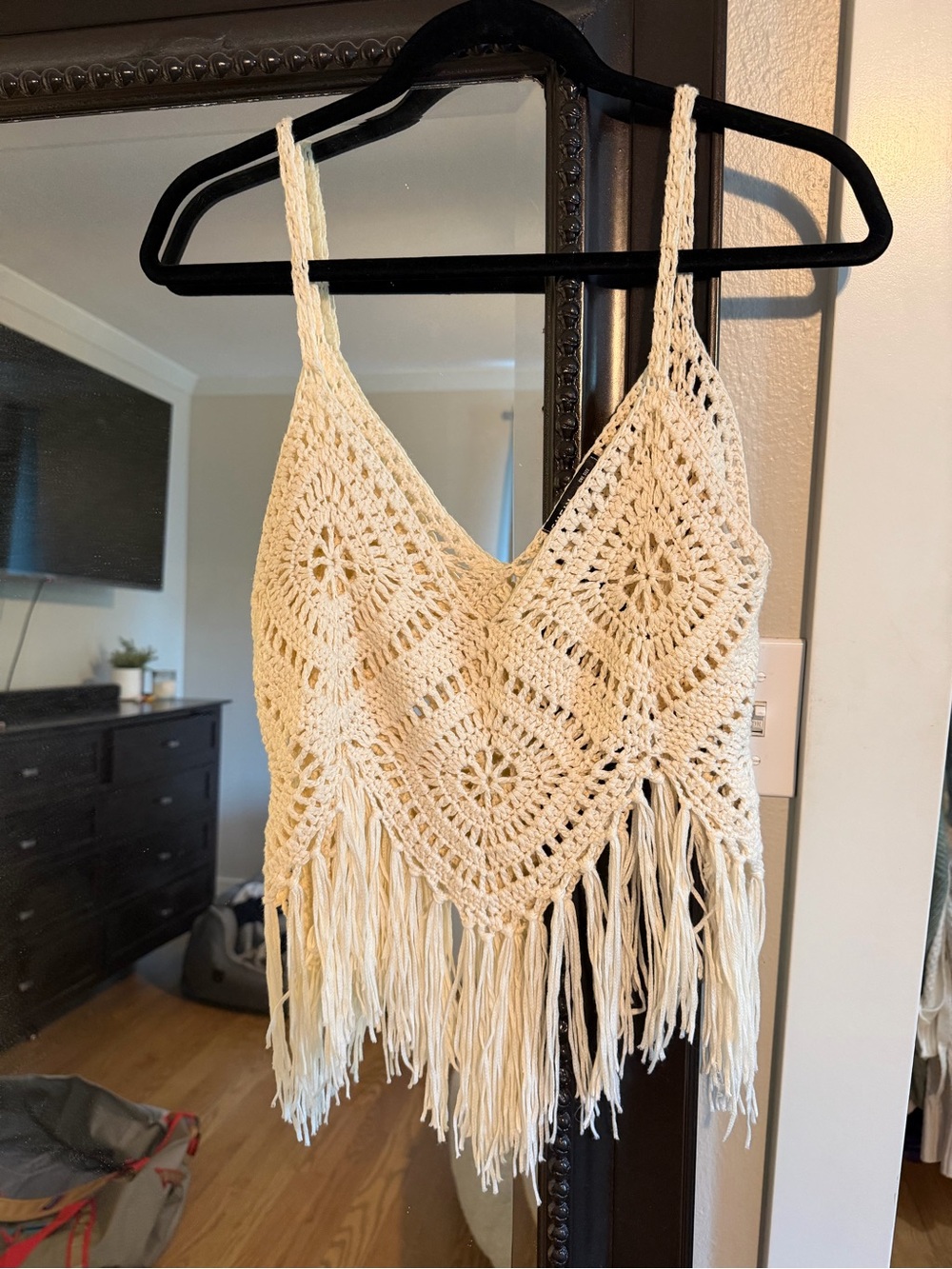 SHEIN Cream Crochet Fringe Tank
